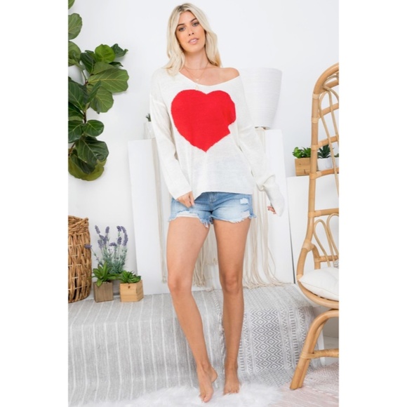 SOLD OUT White Red Heart Knit V-Neck Valentines Day Long Sleeve Relaxed Sweater - Picture 6 of 10